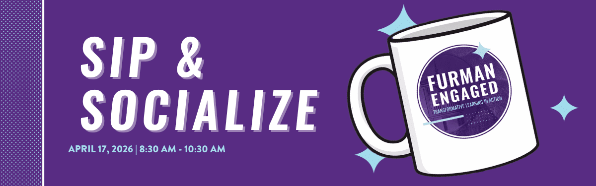 Sip and Socialize event banner with coffee mug showing Furman Engaged logo