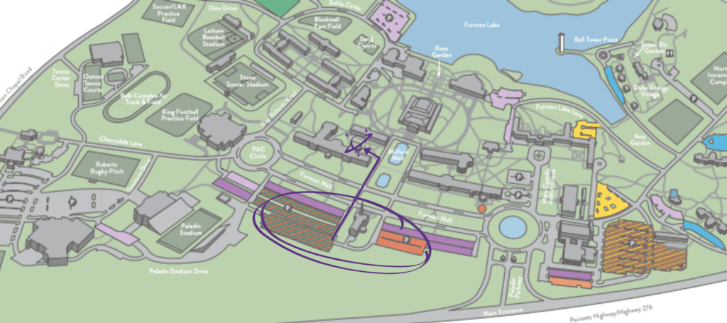 Campus Map of Furman University with a circle around parking lots by the Daniel Chapel and a line and arrow pointing towards an icon of a planet over the Charles Townes Science Center to indicate the location of and how to get to the Planetarium.