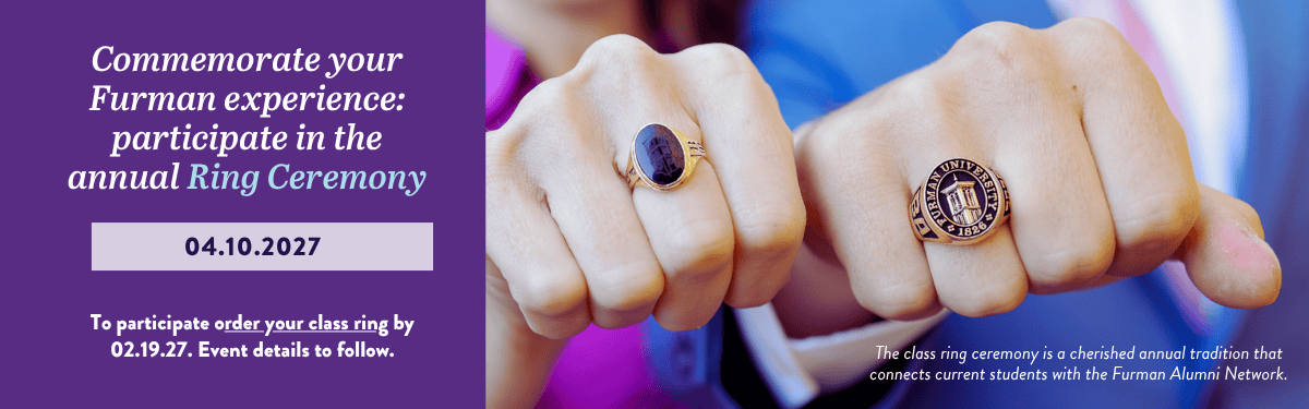 a banner image of two hands displaying class rings for Furman.