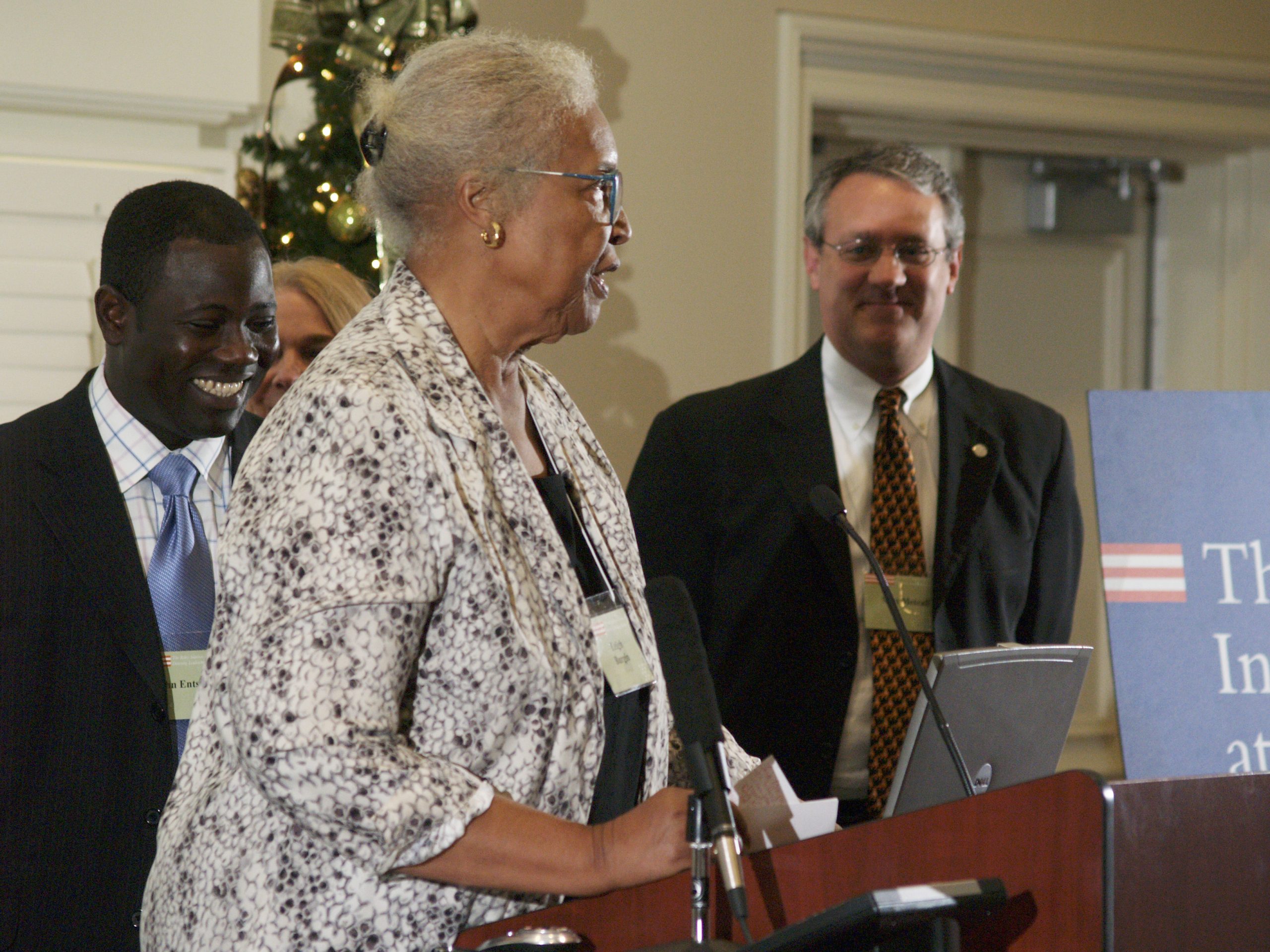 (l-r) John Entsuah, Leigh Burgin presenting, and Max Metcalf