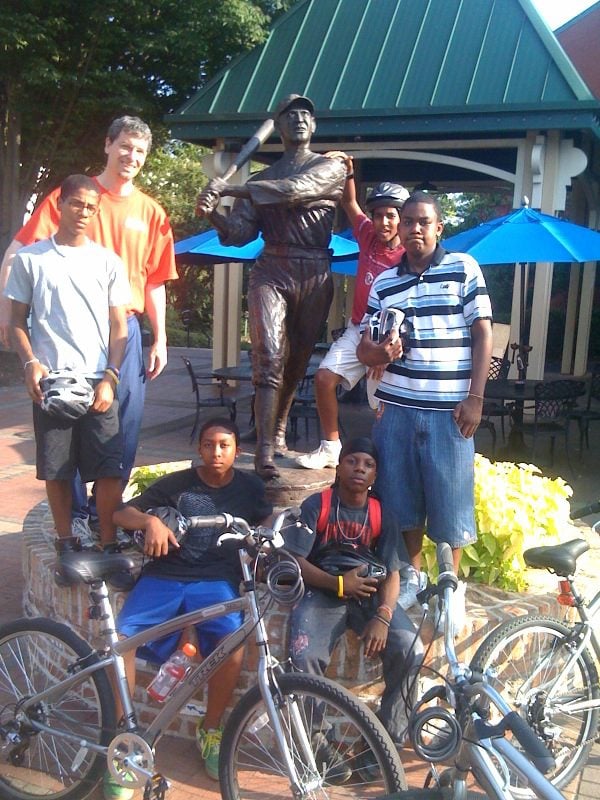 The Sterling Community students enjoyed their first digital scavenger hunt. They were given 5 places to find, given a list of clues and once found, they had to have their photo taken in front of it. Here they are by the Shoeless Joe Jackson statue in the WestEnd.
