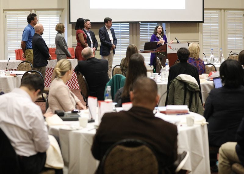 Walking with the Doc: (l-r) Brad Cuttino, Stephanie Estrada, Janet Foster-Whitley, Shane Williams, Gage Weekes and Karen Potter speaking