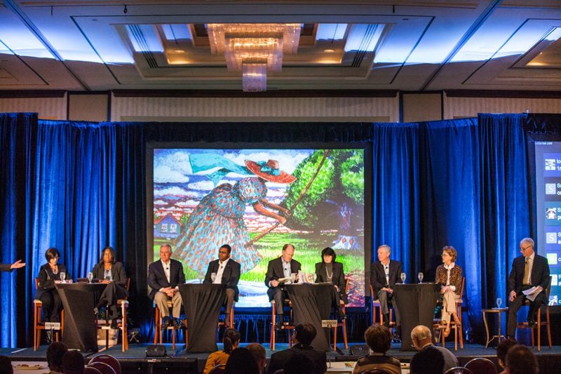 The panelists include: (l-r) Anita Zucker, Sherrie Snipes-Williams, Bill Barnet, Russell Booker, Harris DeLoach, Rainey Knight, Jim Reynolds and Karen Woodward