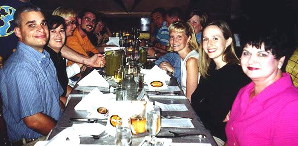 The group enjoying a meal at a DC restaurant; left side: Mike Burgess, Laura Graham, Glenda Hucks, Garrett Walker; right side: Harriet Herndon, Elizabeth Abramson, Kristin Owens