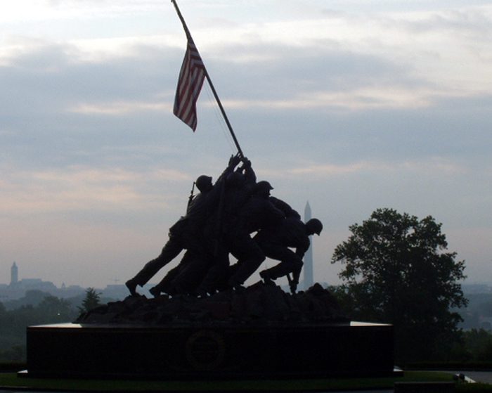 A silhouette of the Iwo Jima monument