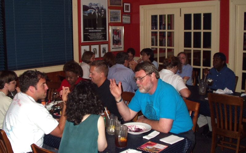 The group enjoying dinner at Red, Hot and Blue