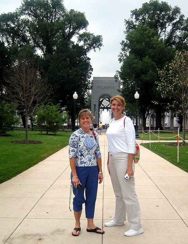 (l-r) Downing Hudson and Dodie Ballard in front of the WWII monument
