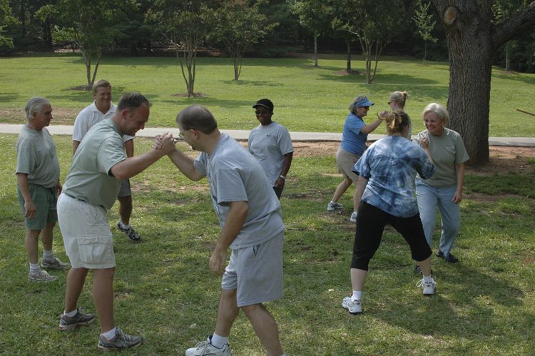 The teachers participating in the PEAKS Performance Ropes Course at Furman