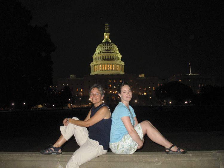 The U.S. Capitol at night; (l-r) Penny Boswell and Kati Linn