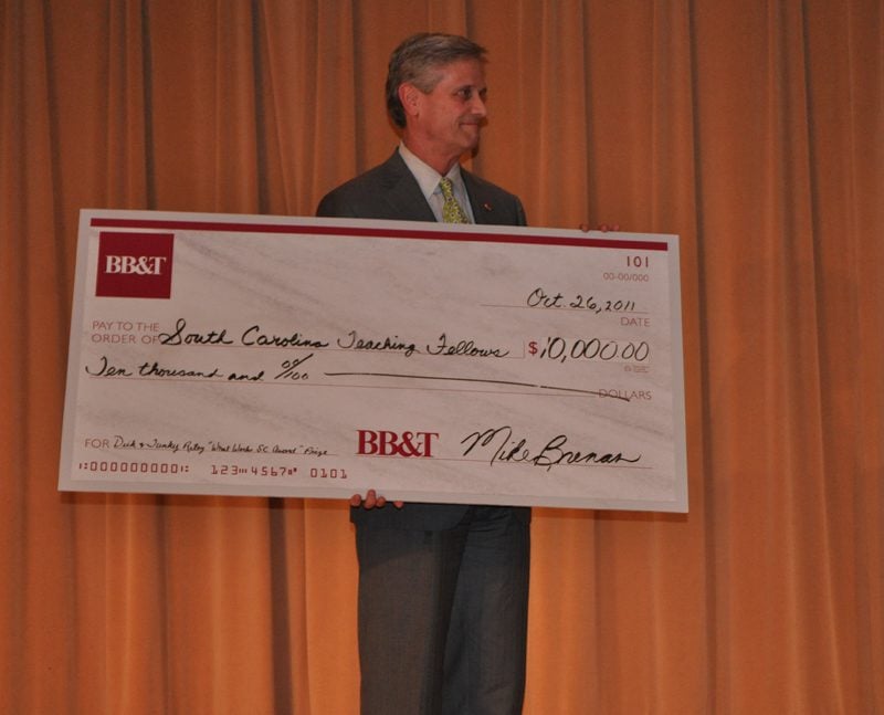 Mike Brennan, President, BB&T South Carolina, presenting $10,000 to the award winner, South Carolina Teaching Fellows, to enhance their program