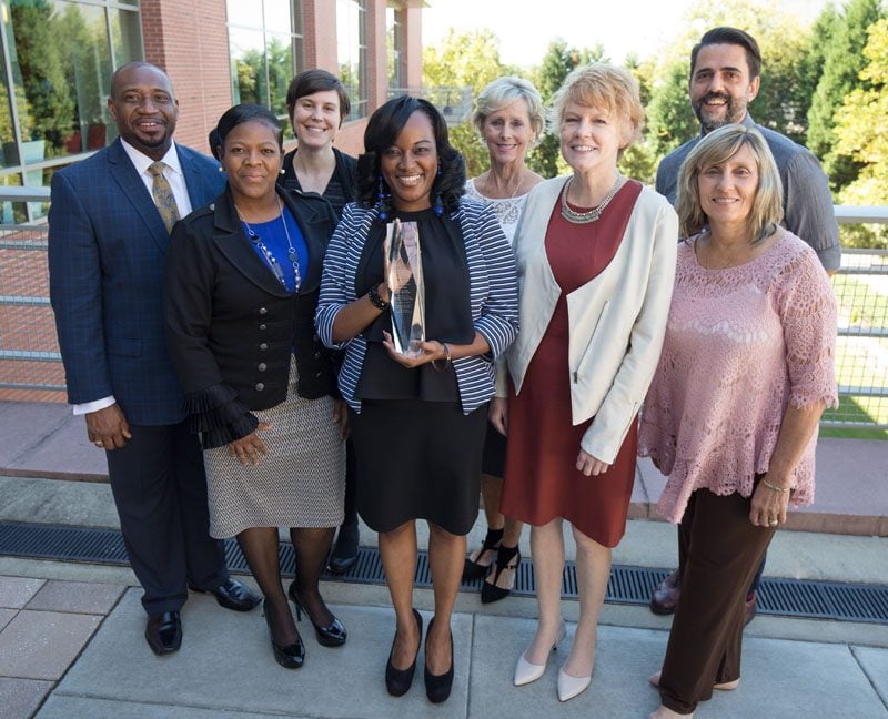 Teacher Cadet Program team, 2015 WhatWorksSC Award winner. Pictured (L-R) Front Row: Arthur Pinckney, Rona Neely, Marcella Wine-Snyder, Jane Turner, and Jean Burden Pictured (L-R) Back Row: Carrie Hamiter, Kelly Browder, and Todd Scholl