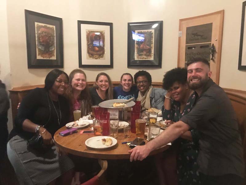 (l-r) Tiyana Glenn, Heather May, Heather Williams, Shawna Viola, Charmaine Davis-Bey, Tyneisha Gibbes and Brent Balog having dinner at Barleys Taproom