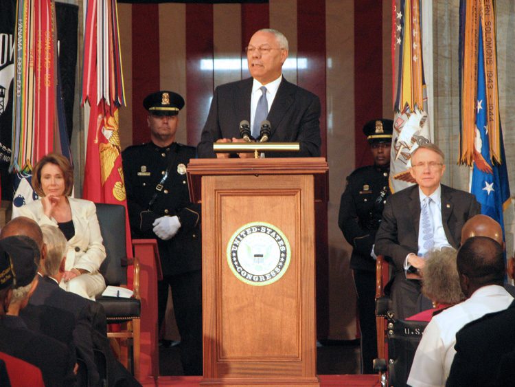 Former Secretary of State Colin Powell speaking at the ceremony