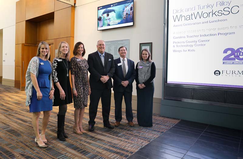 (l-r) Cathy Stevens, Director of the White-Riley-Peterson Afterschool Policy Fellowship; Jill Fuson, Director of the Center for Critical Issues; Jacki Martin, Deputy Director; Jamie Hennessy, Vice President of Pre-Sale and Aflac Group Operations; Don Gordon, Executive Director; and Summer Ramsey Dickson, Director of Marketing