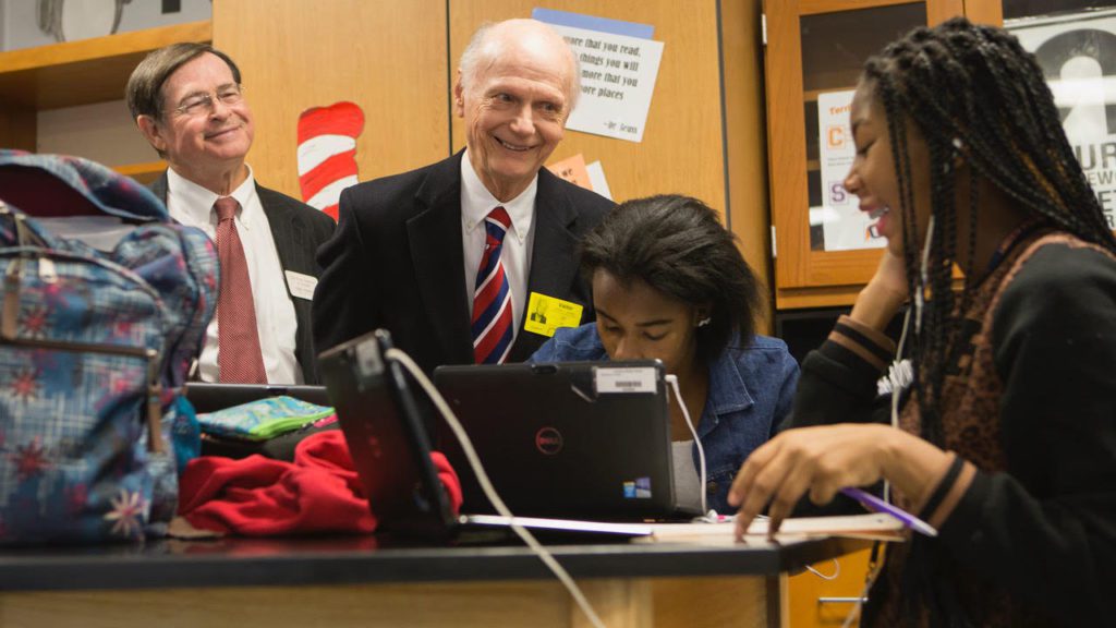 Former Secretary of Education Dick Riley meets children in a New Tech classroom