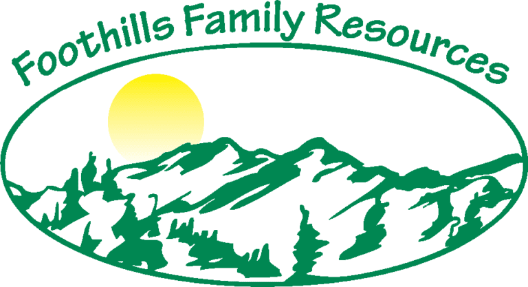 Foothills Family Resources logo. It depicts a sketch of a mountain range with the sun falling behind it.