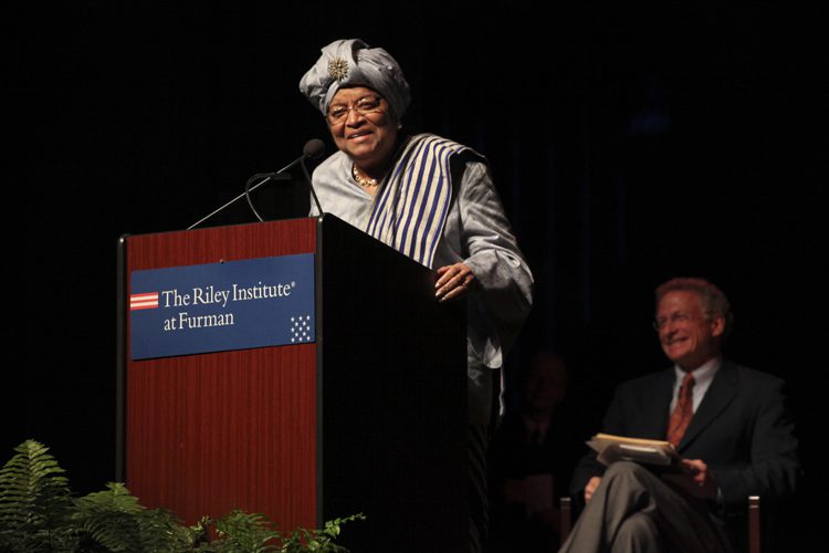 Ellen Johnson Sirleaf addressing the crowd in McAlister Auditorium on Furman's campus