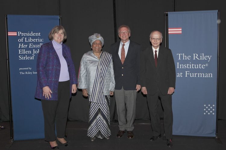 (l-r) Kathy McKinney, Ellen Johnson Sirleaf, David Shi, Secretary Riley