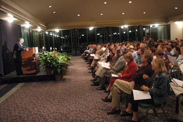 Secretary Riley addressing the crowd in Hartness Pavilion, Furman