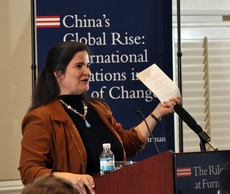 Dr. Kate Kaup, Chair of the Furman University Asian Studies Department introducing Minister Xie Feng