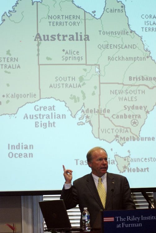 Peter Beattie during his address in Shaw Hall, Younts Conference Center