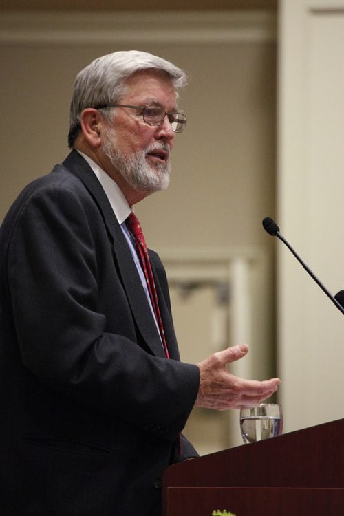 Ambassador Boyatt addressing the crowd in Shaw Hall, Younts Conference Center