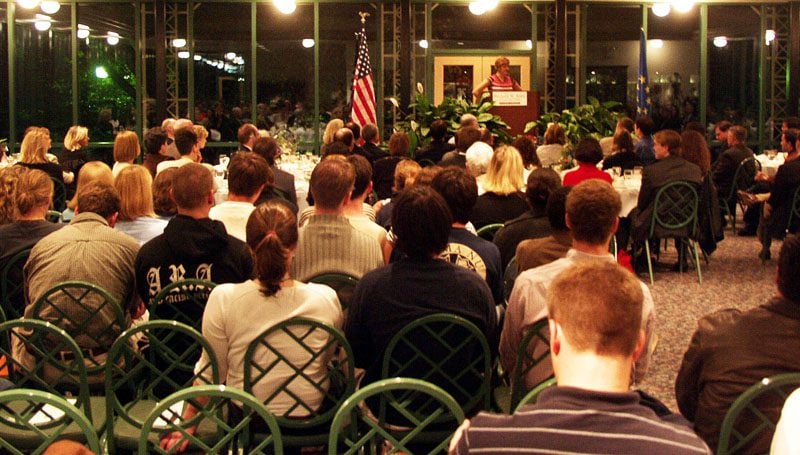 Monica Frassoni addressing the crowd in Hartness Pavilion