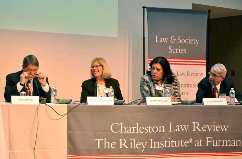 Panel Six: Juvenile Justice: Schools as Pipelines to Prison moderated by Victoria Middleton, executive director, ACLU-SC office (not pictured). Panelists (l-r) William Byars, director, SC Department of Juvenile Justice; Professor Robin Kimbrough-Melton; Serena McDaniel, Aiken County Assistant Solicitor; The Honorable Paul Garfinkel