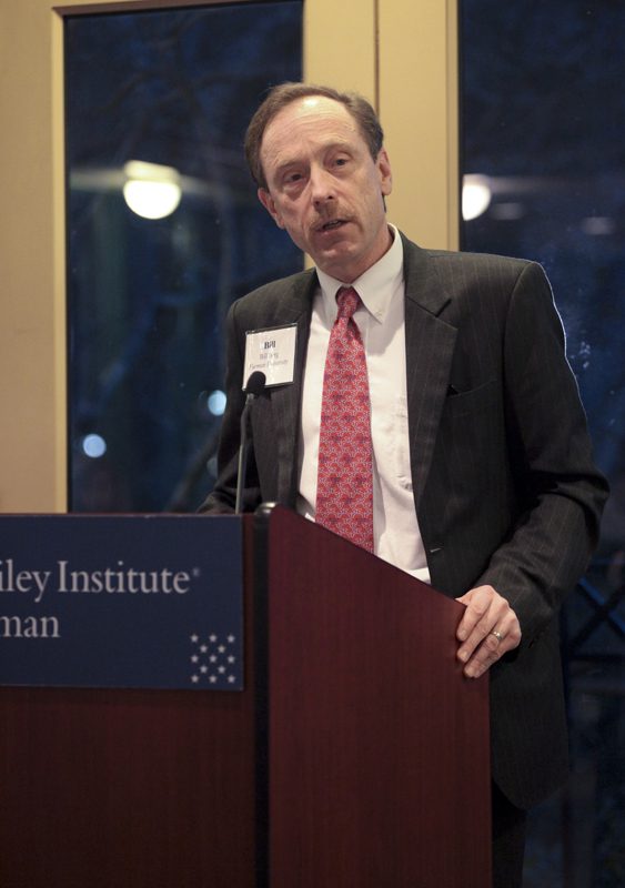 Bill Berg, Furman's Vice President of Enrollment introducing Christine Todd Whitman to Furman's Hollingsworth and Townes scholars