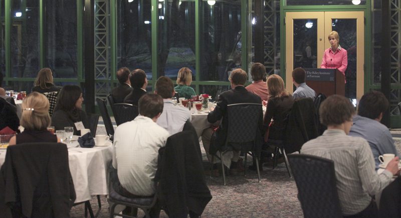 Governor Whitman spoke to an attentive group of students