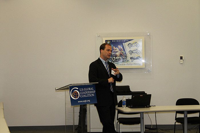Dr. John K. Glenn, Director of foreign policy at the U.S. Global Leadership Coalition (USGLC), speaking at the BMW Zentrum in Greenville, SC