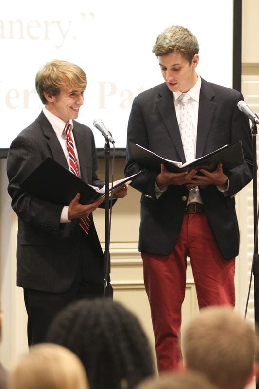 (l-r) Thomas Hydrick plays Cincinnatus Olberman and Miller DeVenny plays Lucious Dobbs. Both were political pundits.