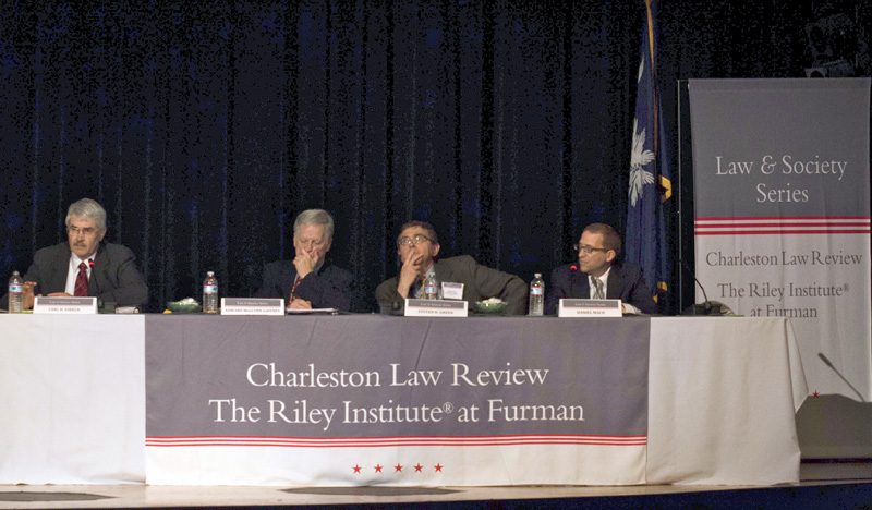 Panel Discussants on Funding Challenges: (l-r) Carl Esbeck, R.B. Professor and Isabelle Wade & Paul C. Lyda Professor of Law, Univ of Missouri School of Law; Edward McGlynn Gaffney, Jr., Professor of law, Valparaiso University Law School; Steven Green, Fred H. Paulus Professor of Law and Director of the Center for Religion, Law and Democracy, Willamette University College of Law and Daniel Mach, Director, ACLU Program on Freedom of Religion and Belief