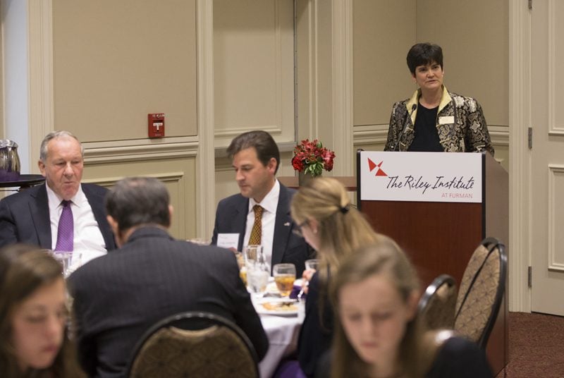 Kate Kaup, professor in the Department of Political Science at Furman, introducing Craig Lundgren