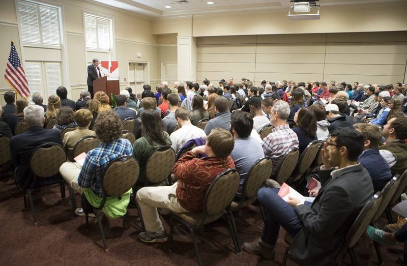 Don Gordon speaking to a full house