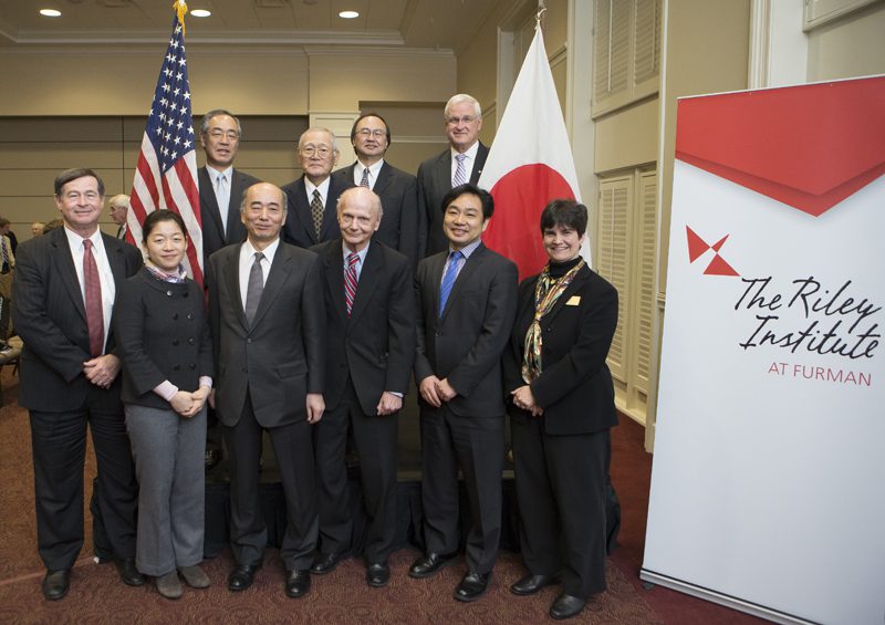 (l-r) front row: Don Gordon, Kay Shimizu, Ambassador Kenichiro Sasae, Secretary Riley, Takashi Terada and Kate Kaup; back row: a guest, Harry Watanabe, Shusuke Yagi and Carl Kohrt