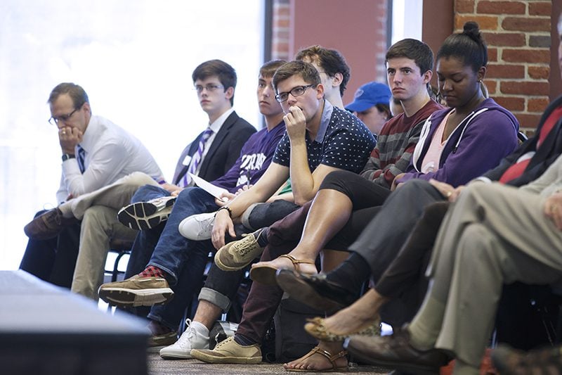 Students listening to Hollman's address