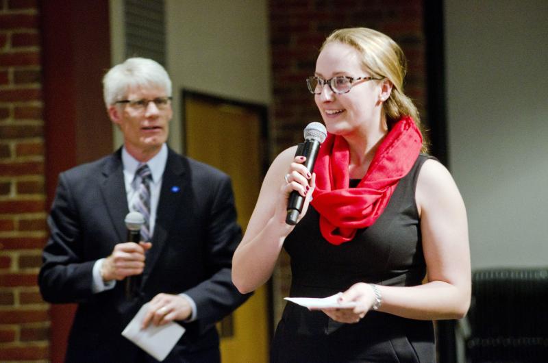 Advance Team student Emille O'Brien asks a question, Women in Public Media symposium