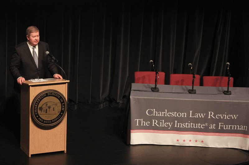 J. Edward Bell, III, President, Charleston School of Law, introducing the keynote speaker Catherine Heigel