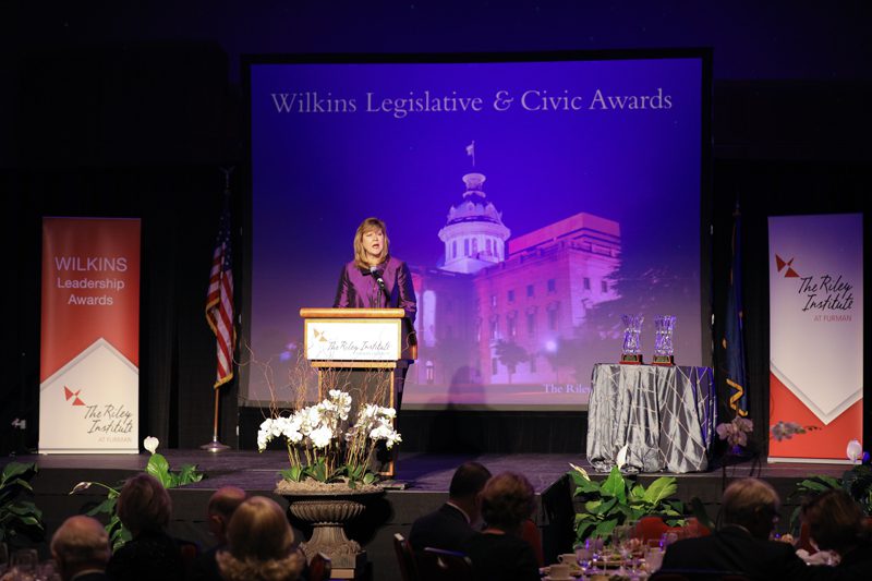 Elizabeth Davis, President of Furman University, welcoming all to the twelfth annual Wilkins Leadership Awards Dinner