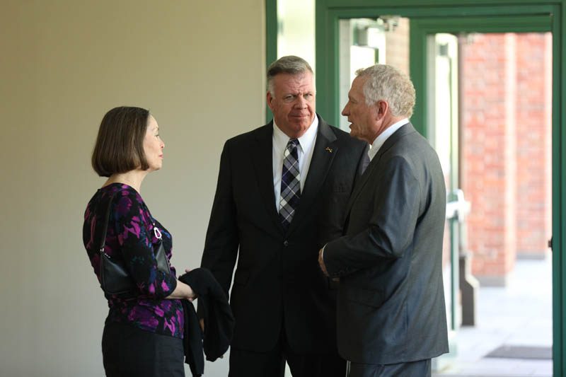 Miriam and Lt. Gen. John Mulholland '78, former commander, Special Operations Command Central, and former associate director for Military Affairs at the CIA, speaking with David Shi '73, historian and 10th president of Furman University