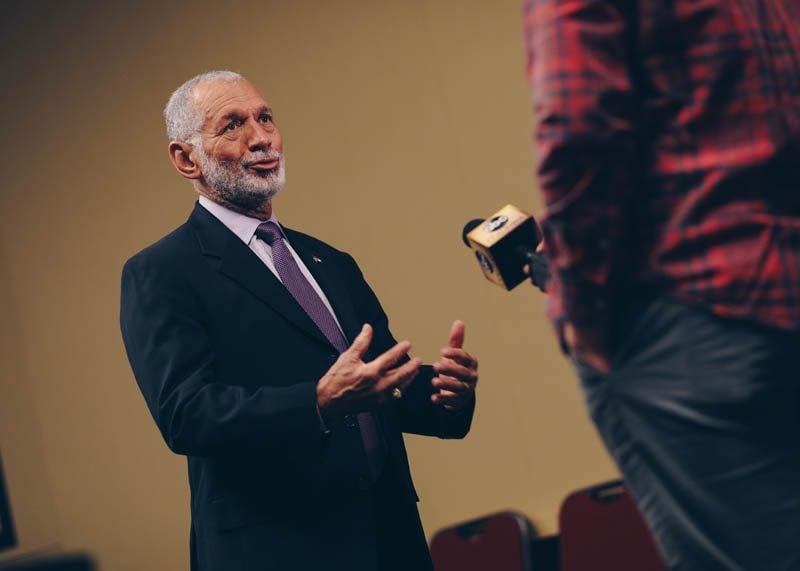 Maj. Gen. Charles Bolden Jr. (USMC-Ret.) speaking with the media
