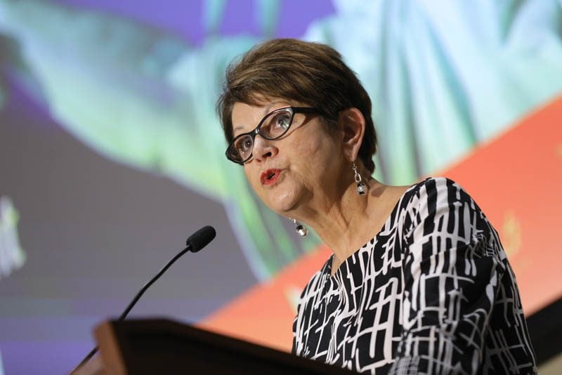 Diane Vecchio introducing speakers for the panel discussion about 