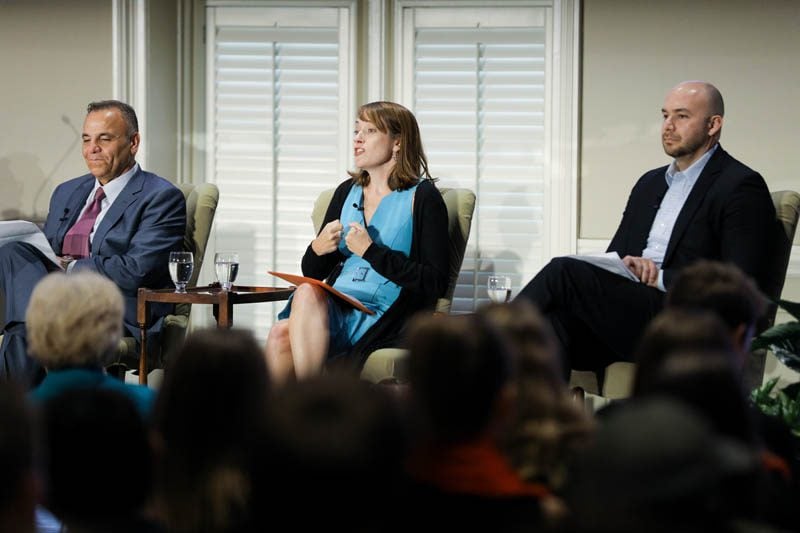 (l-r) Basil Bacall, Julie Smithwick speaking and Anthony Herrera