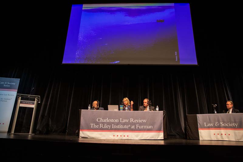 (l-r) Patrick Parenteau, Professor of Law and Senior Counsel, Environmental and Natural Resources Law Clinic, Vermont Law School; Catherine Wannamaker, Senior Attorney, Southern Environmental Law Center, speaking; Keith Hall, Campanile Charities Professor of Energy Law and Director of the Mineral Law Institute, LSU Paul M. Hebert Law Center and moderator