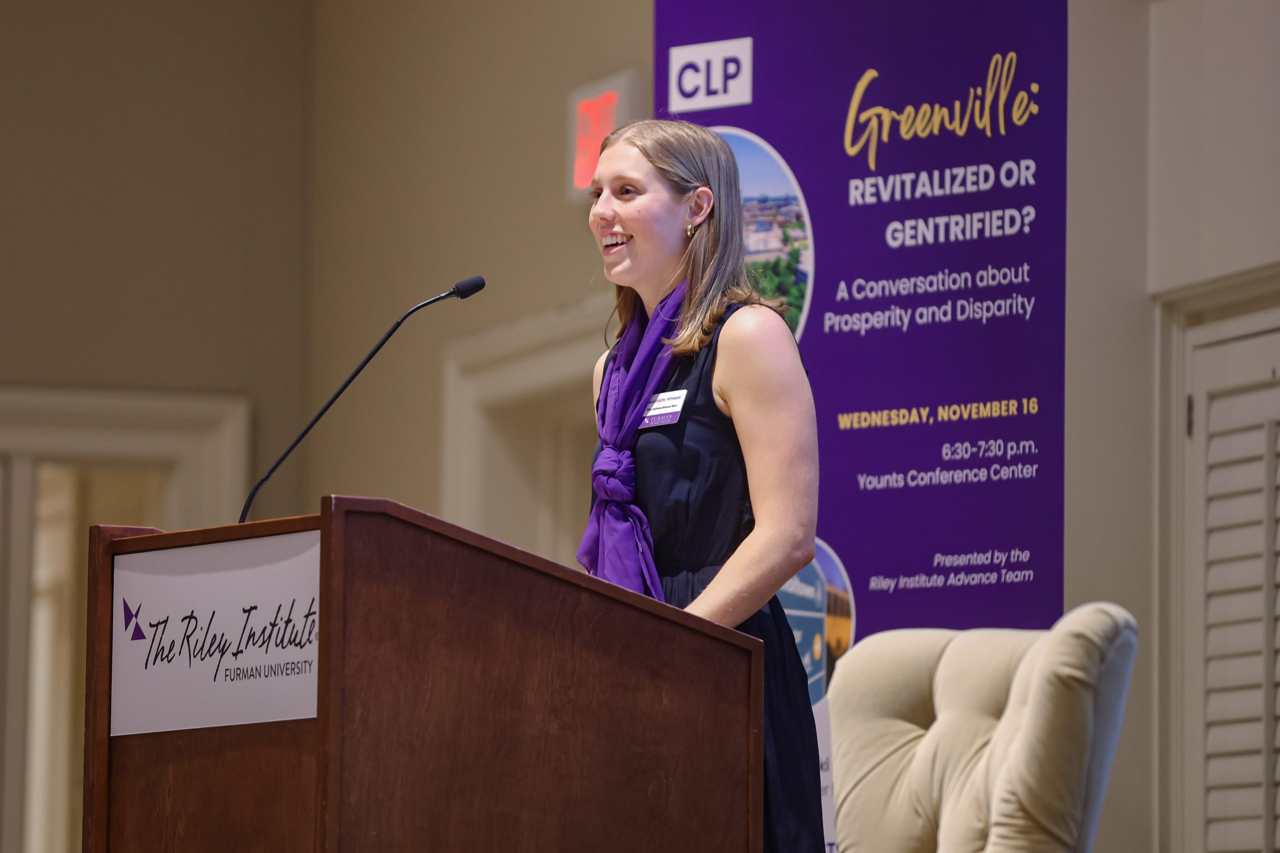 Advance Team lead Madison Wyman opened the event with remarks on the prevalence of gentrification in Greenville and the importance of student and community awareness as Greenville continues to grow.