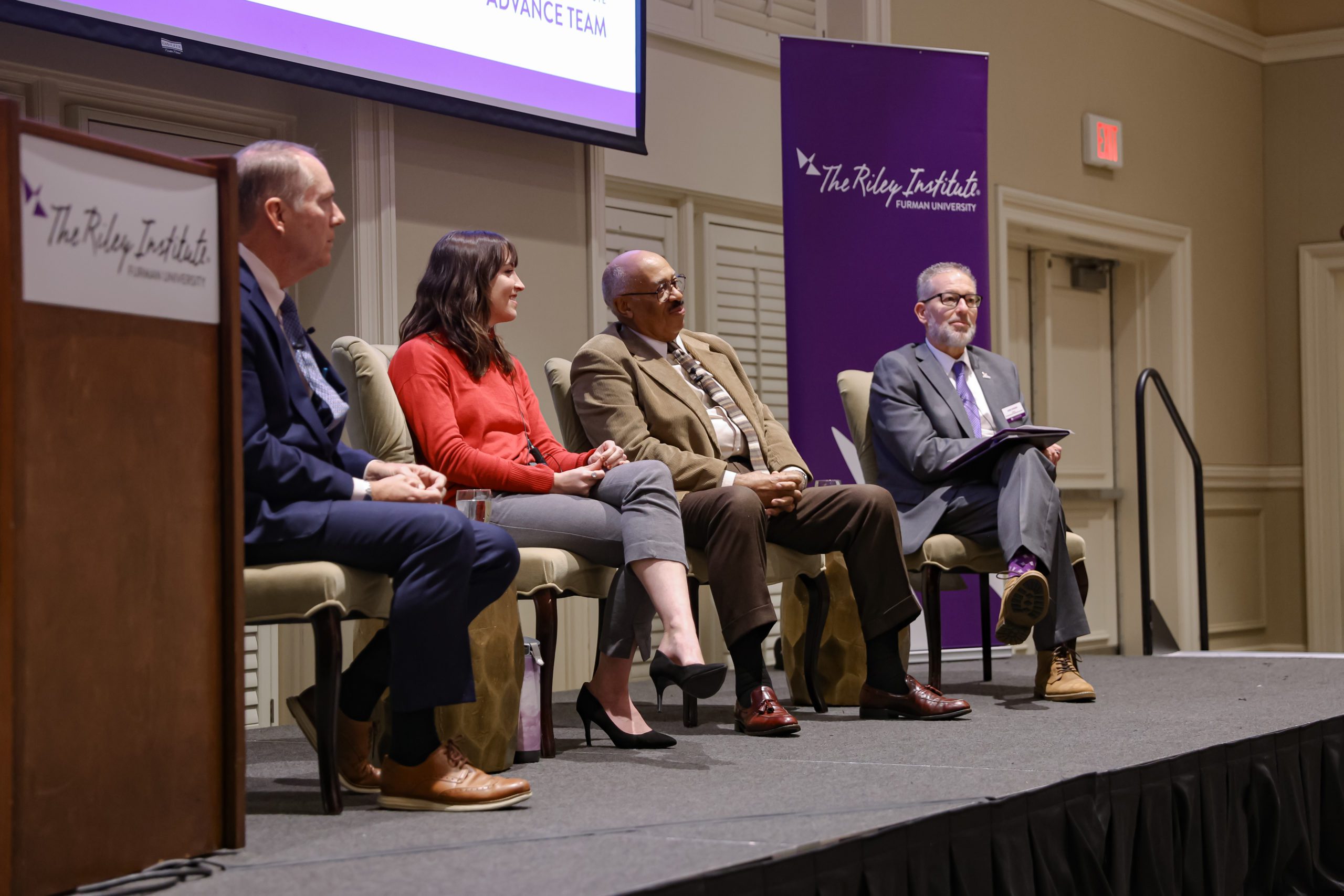The panel was moderated by Mike Winiski, director for the Center of Applied Sustainability Research (CASR) at Furman’s Shi Institute for Sustainable Communities. He shaped the conversation using mapping systems to illustrate the areas of concentrated development and gentrification. 