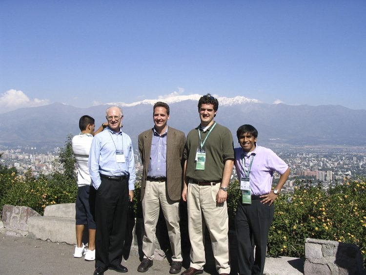 (l-r) Dr. Cleve Fraser and Dr. Ken Petersen with students, Dan Ennis and Amer Ahmad