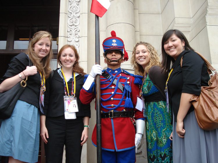 Furman students, (l-r) Evelyn McKinney, Emily Hunter, Abby Elsener, Rachael Parrish, with traditional Peruvian soldier