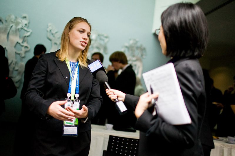 Hannah Johnson doing a television interview